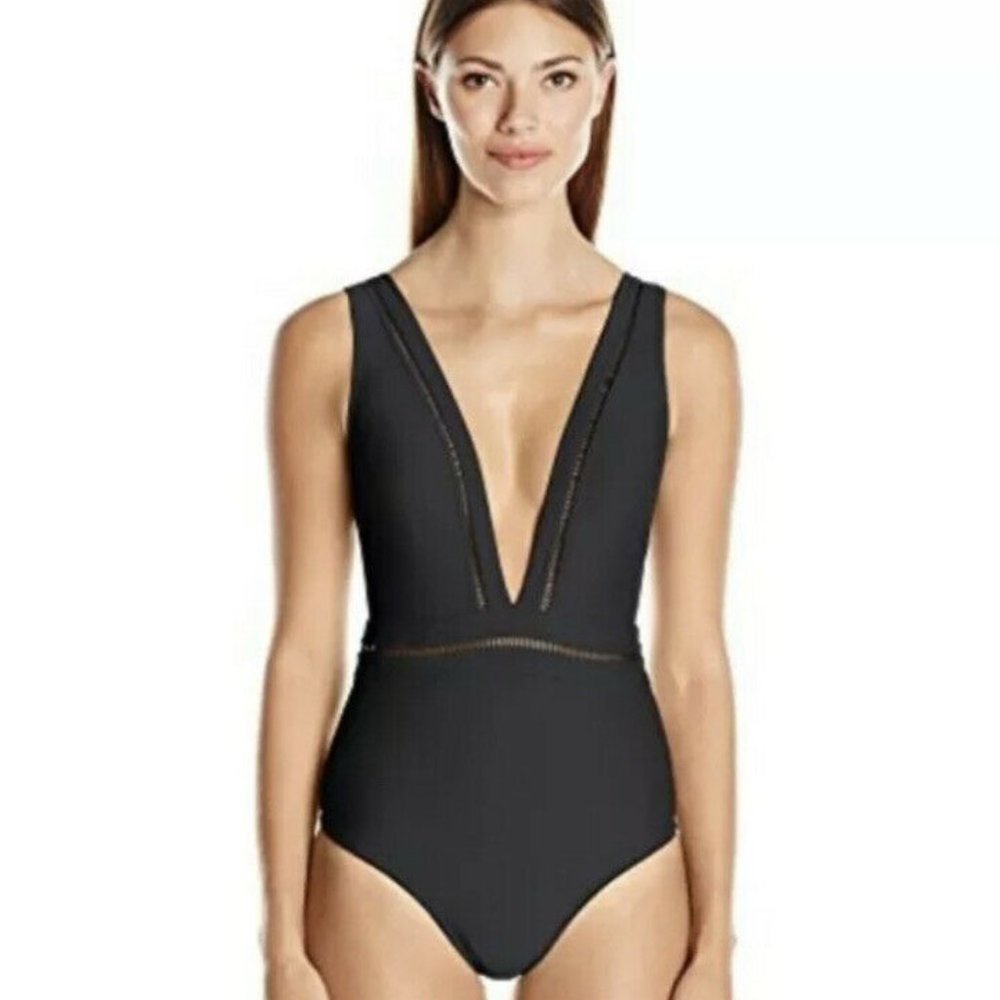 Ted Baker “Starza” Pointelle Deep‑V One‑Piece Swimsuit | Black | Size 12